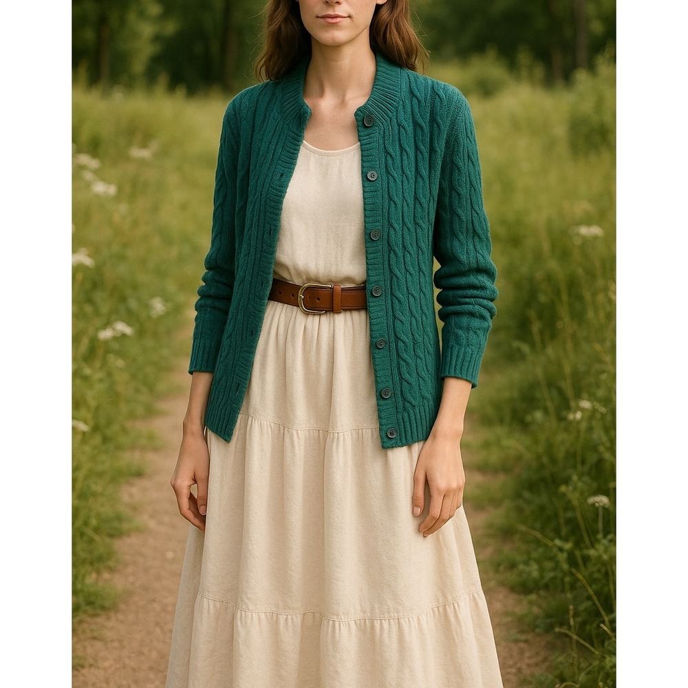 L.L. Bean 100% Cotton Cable Knit Teal Blue Cardigan MEDIUM Sweater Heritage M‎